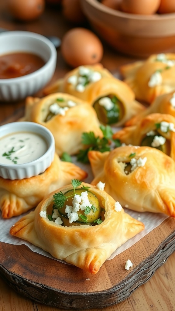 Puff pastry pockets filled with zucchini and feta, garnished with herbs on a wooden platter.